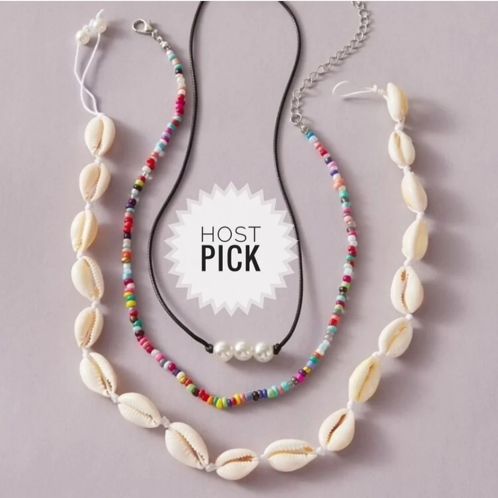 Multicolored Beaded Necklace with Puka Shells & a Wire Pearl Necklace